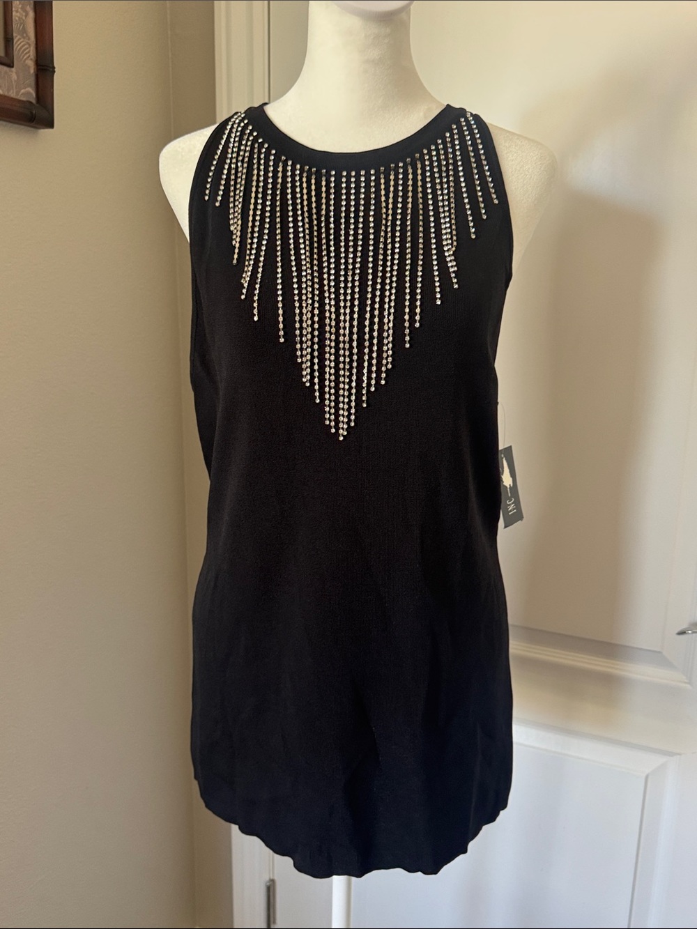 INC International Concepts Black Tank Top with Silver Bead Fringe